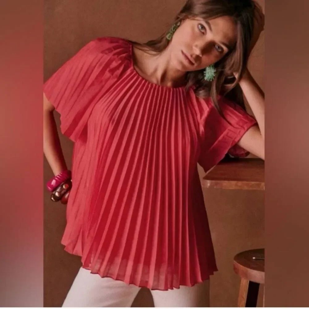 NWT Sezane Romy Pleated Blouse in Poppy sz 38/US 6